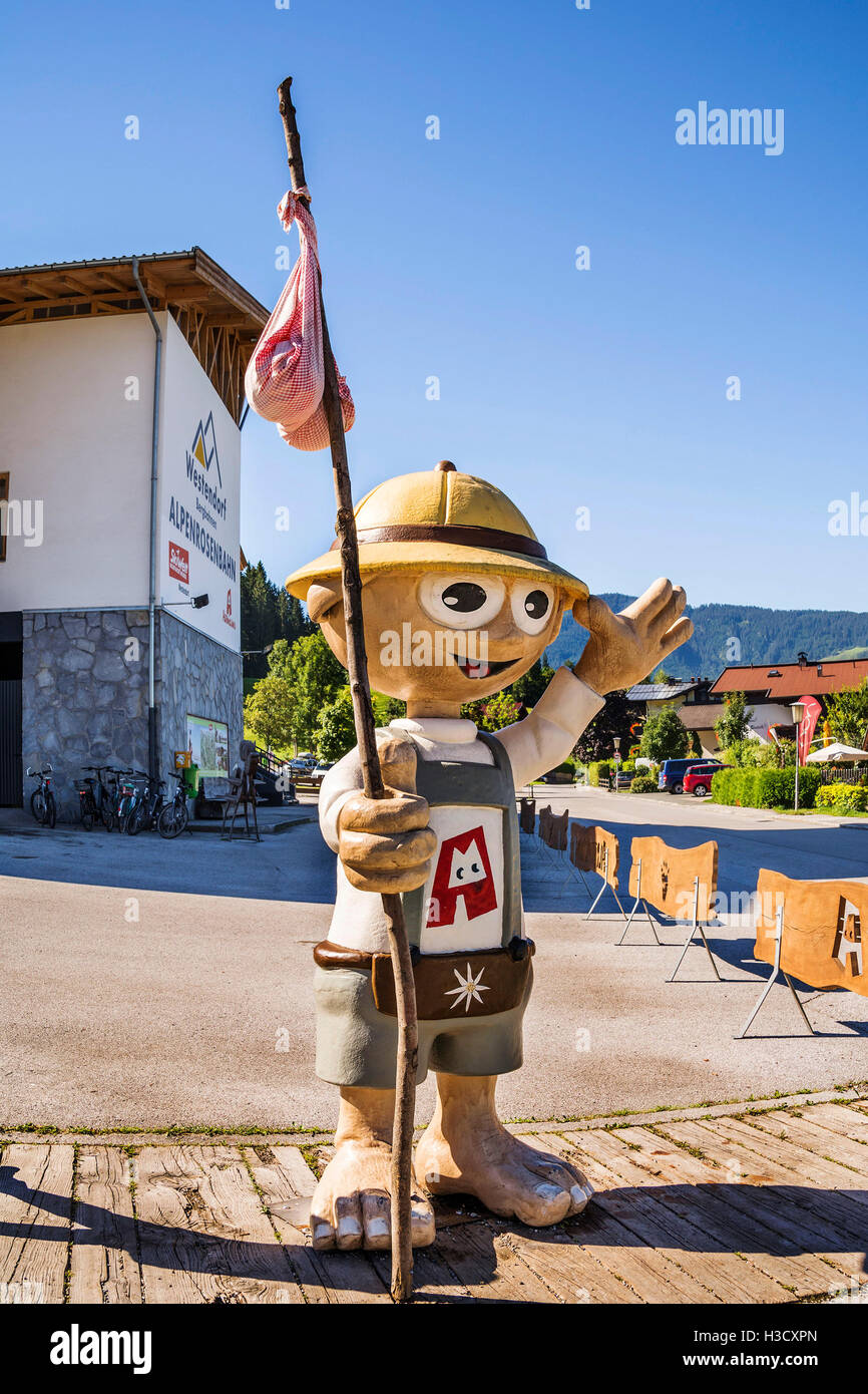 WESTENDORF, TIROL, AUSTRIA - AUGUST 21, 2016. The mascot Alpinolino of Westendorf adventure park, Tirol. Cable lift place. Stock Photo