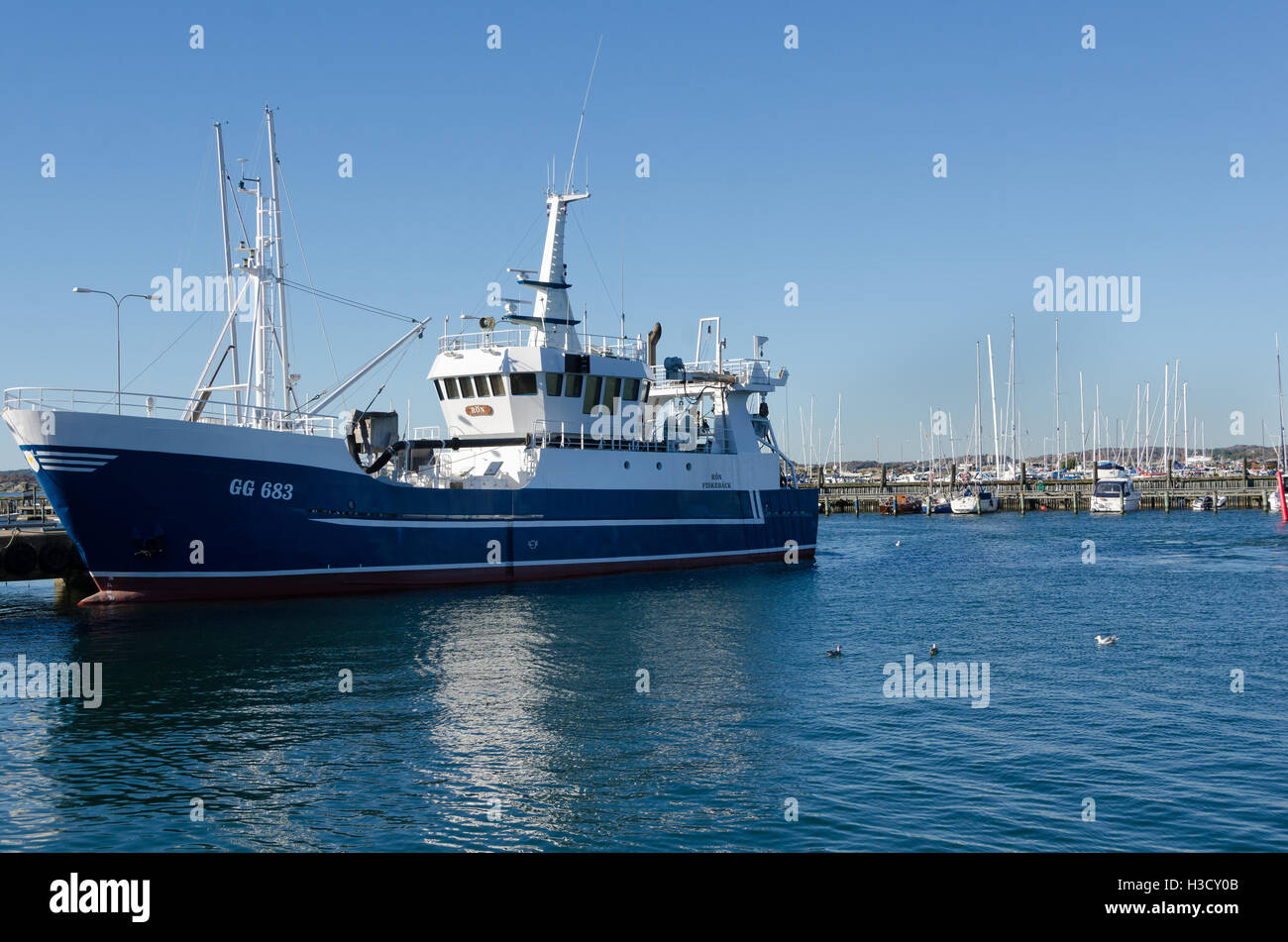 one big fishing boat in Gothenburg harbour ready to go out and fish Stock Photo