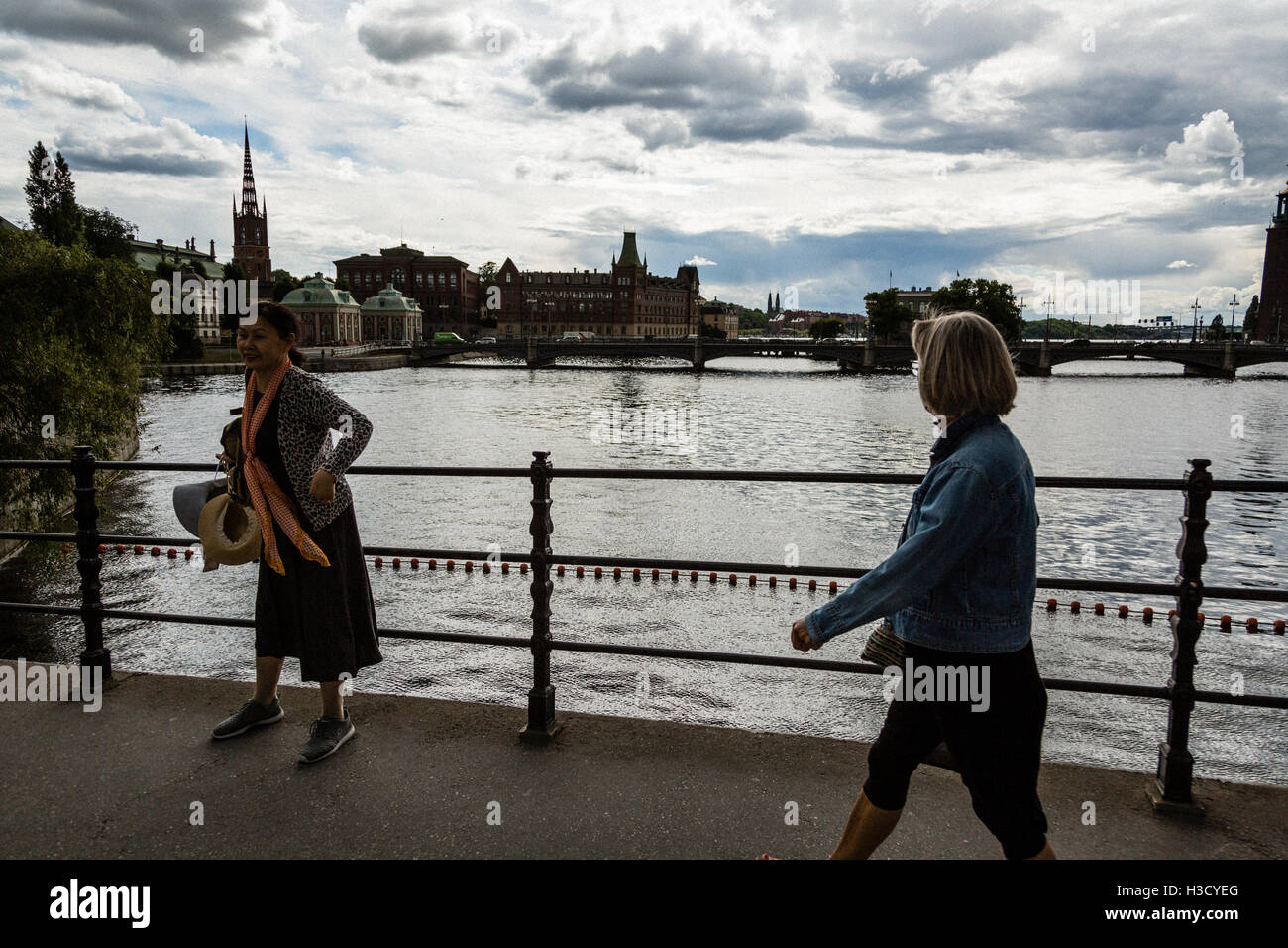 Two women on the Stockholm Skyline Stock Photo