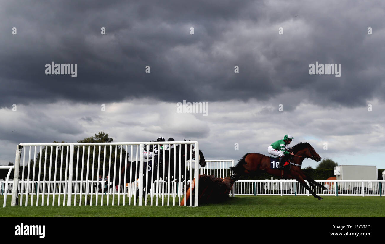 Eventual winner Furiously Fast ridden by Robert Dunne takes a hurdle in the bet365 Handicap Hurdle during the Bet365 Opening Raceday at Hereford Racecourse. Stock Photo