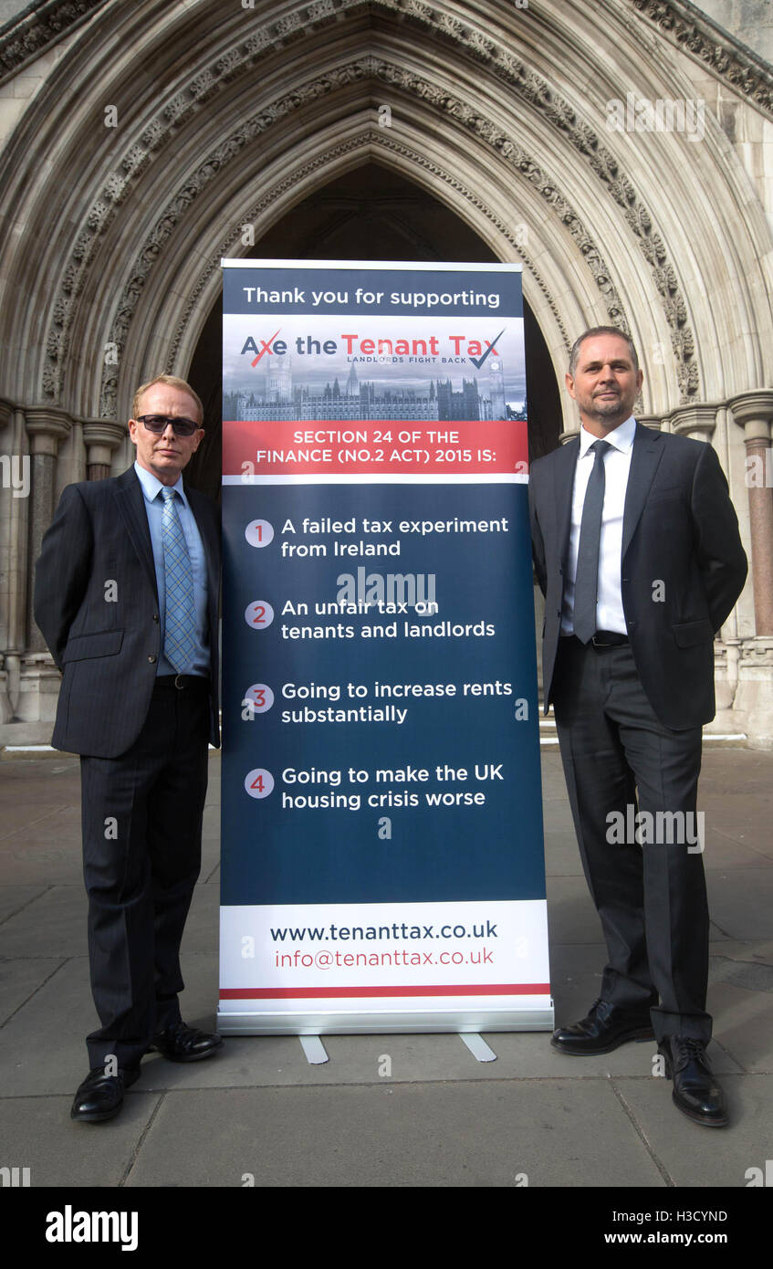 Lead claimants and landlords Steve Bolton (right) and Chris Cooper of campaign group Axe the Tenant Tax coalition outside London's High Court, after private landlords were refused permission to challenge the legality of proposed changes to the taxation of income from buy-to-let properties. Stock Photo