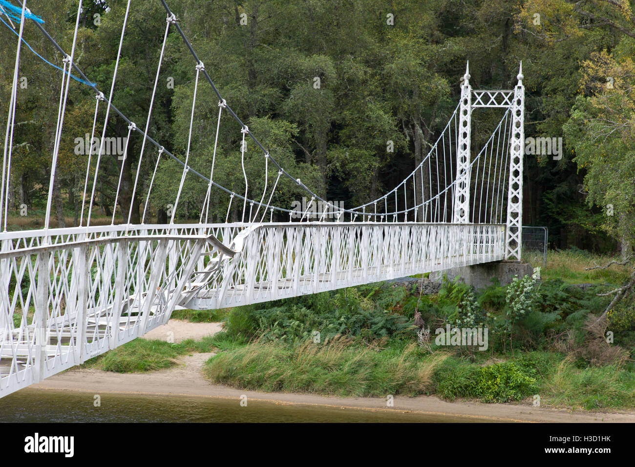 Cambus O May foot bridge over the River Dee near Ballater damaged by floods in December 2015  Aberdeenshire Scotland Stock Photo