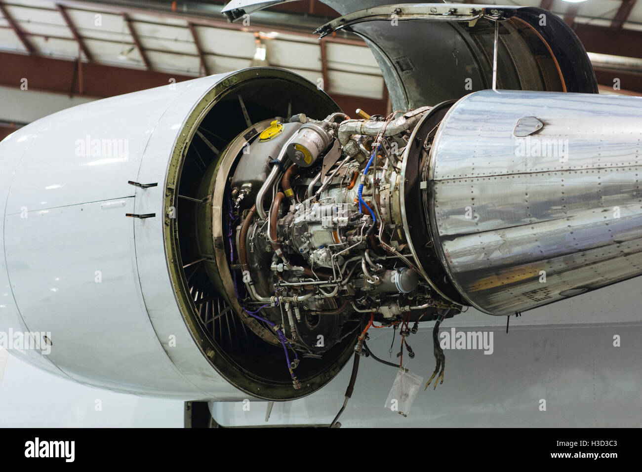 Low angle view of jet engine at airplane hanger Stock Photo