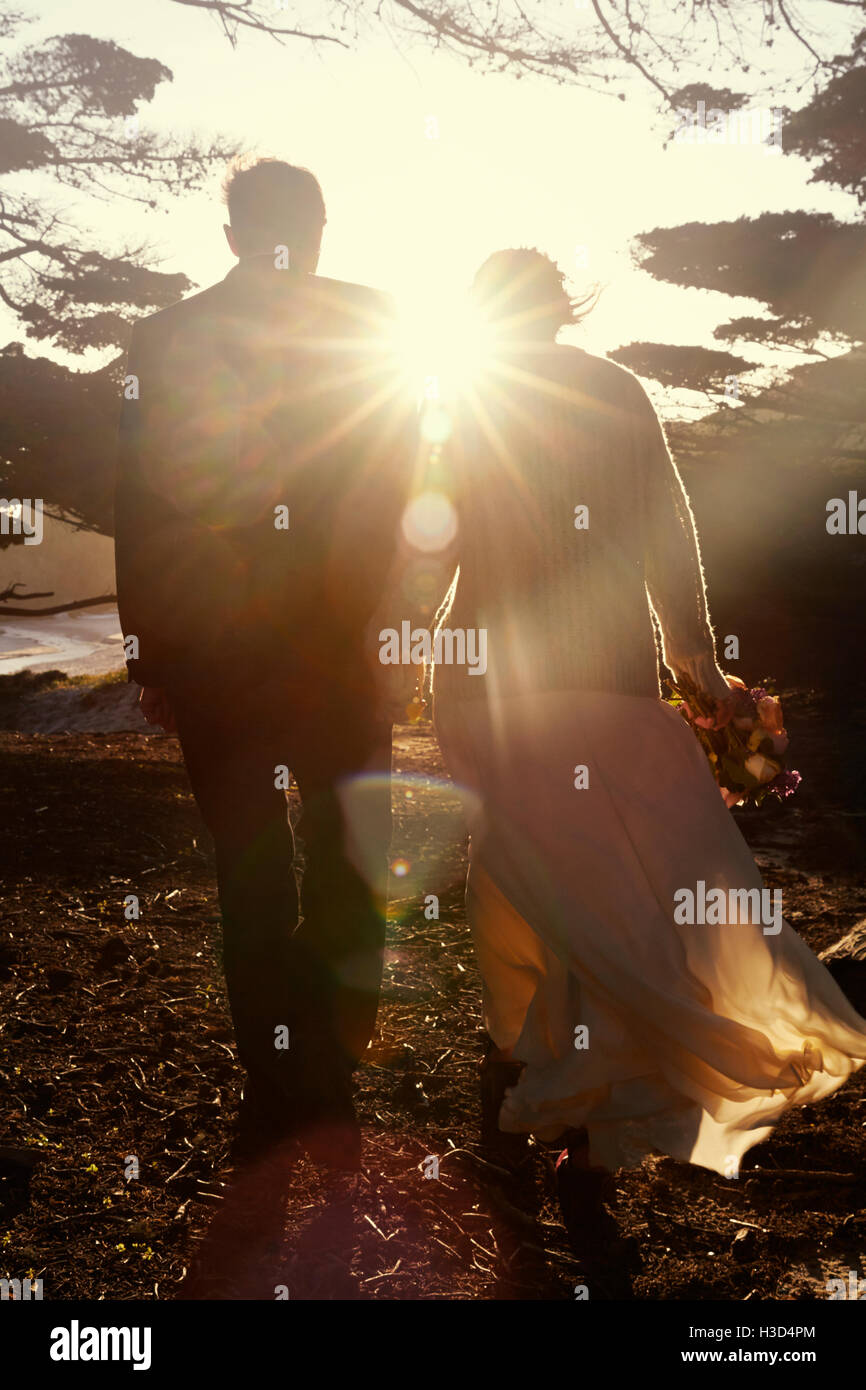 Rear view of newly wed couple walking on field on sunny day Stock Photo