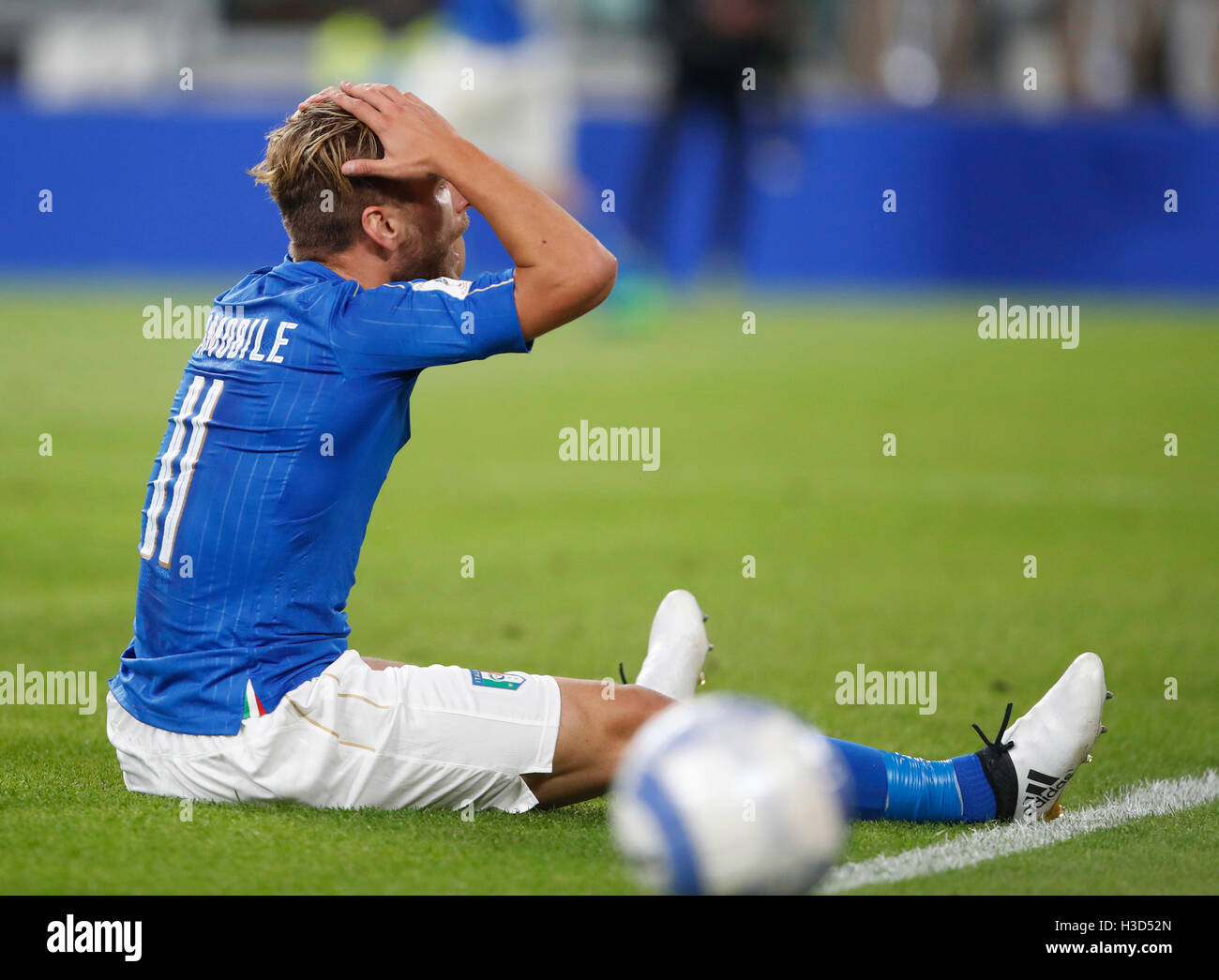 Turin, Italy. 06th Oct, 2016. Italy Ciro Immobile reacts during the Fifa World Cup 2018 qualification soccer match between Italy and Spain at the Juventus Stadium. The game ended 1-1. © Isabella Bonotto/Pacific Press/Alamy Live News Stock Photo