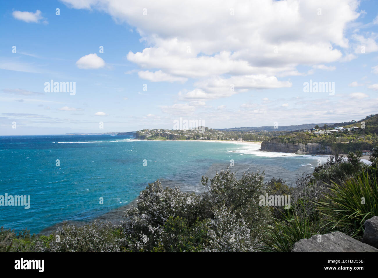 Looking South from North Bilgola Head with Newport Beach in middle distance. Stock Photo