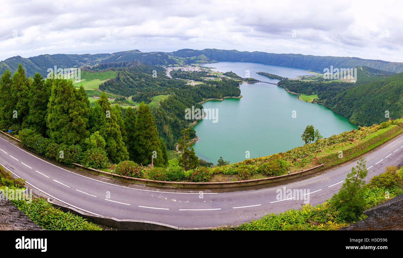 Panoramic view of the Lakes of Sete Cidades, Sao Miguel island, Azores, Portugal Stock Photo