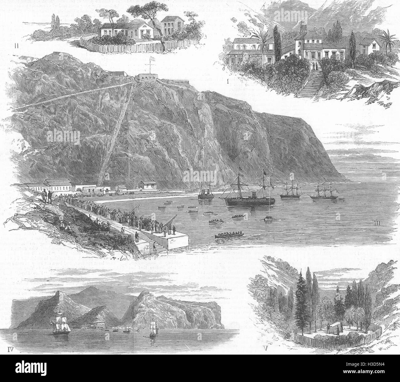 ST HELENA Ex-Empress Eugenie;Briars Pavilion,Napoleon;Longwood;Jamestown 1880. The Graphic Stock Photo