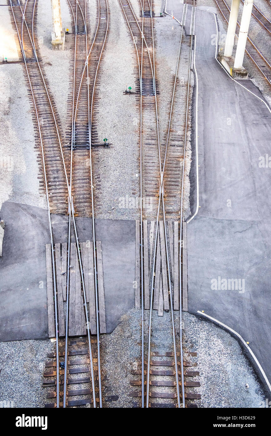 An overhead view of train tracks at a station Stock Photo Alamy