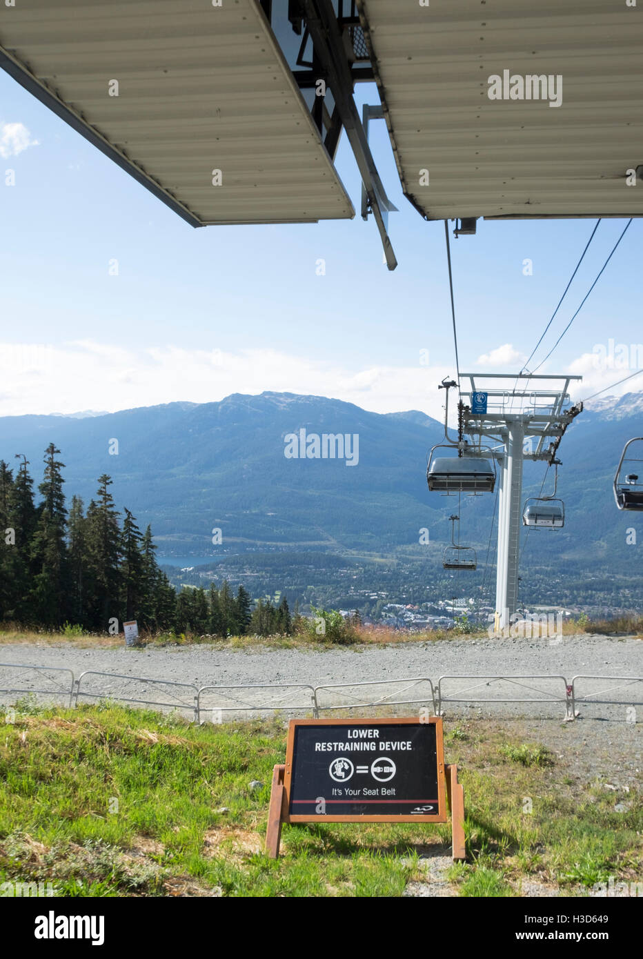 A sign on a chair lift in Whistler British Columbia Canada warns passengers to lower your restraining device. Stock Photo