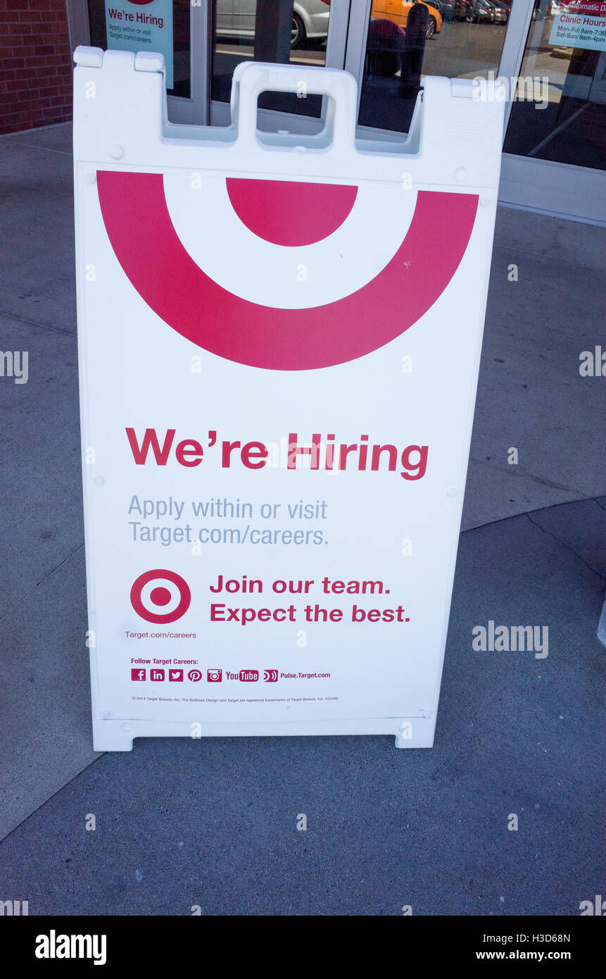 We're Hiring sandwich board sign outside a Target Store. St Paul