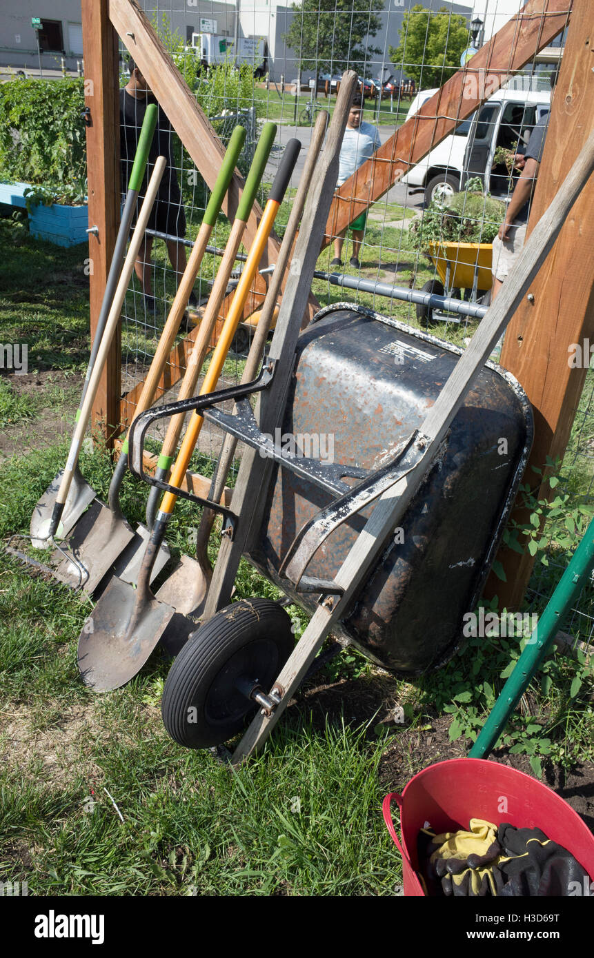 Garden tools used at Citykid Farm where kids learn to plant, cultivate & sell vegetables. Minneapolis Minnesota MN USA Stock Photo