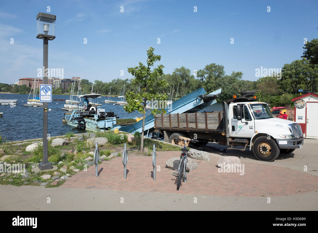 Boat and truck harvesting weeds from Lake Calhoun. Minneapolis Minnesota MN USA Stock Photo Alamy