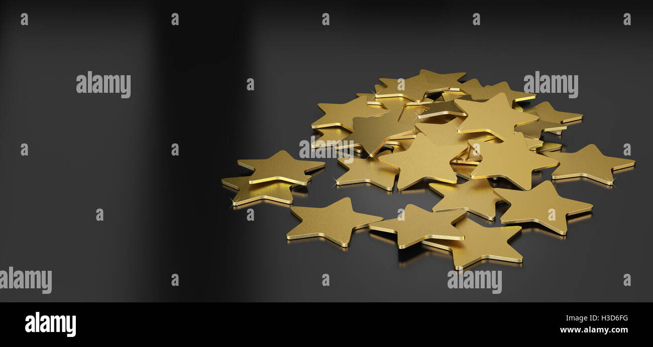 3D illustration of many golden stars over black background, horizontal image suitable for header Stock Photo