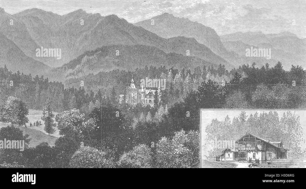 ROMANIA Palace & hunting Lodge of King Roumania Carpathian Mountains 1882. The Illustrated London News Stock Photo