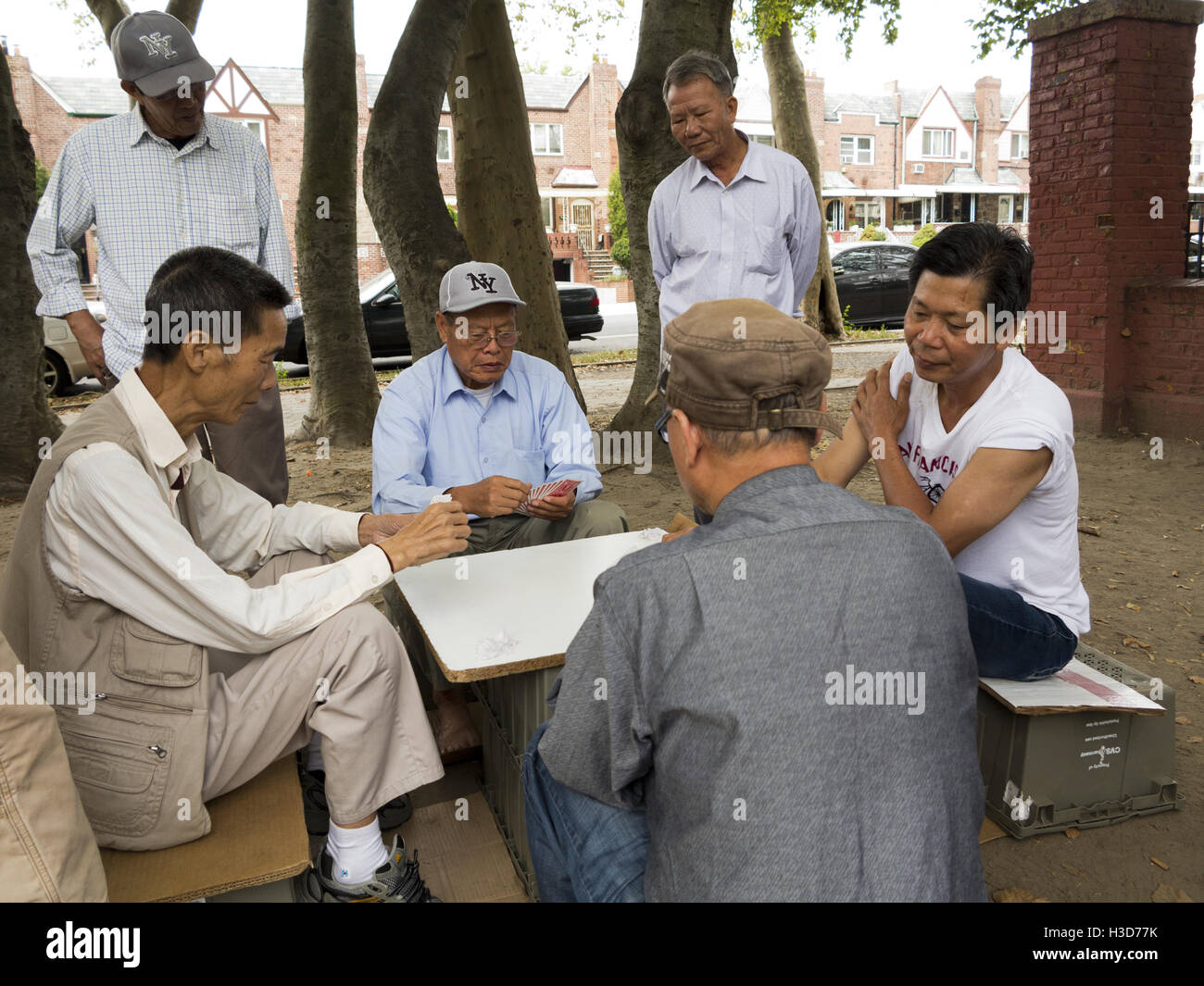 Chinese men playing cards in the park in Chinatown in the Sunset Park section of Brooklyn in NY, 2016. Stock Photo