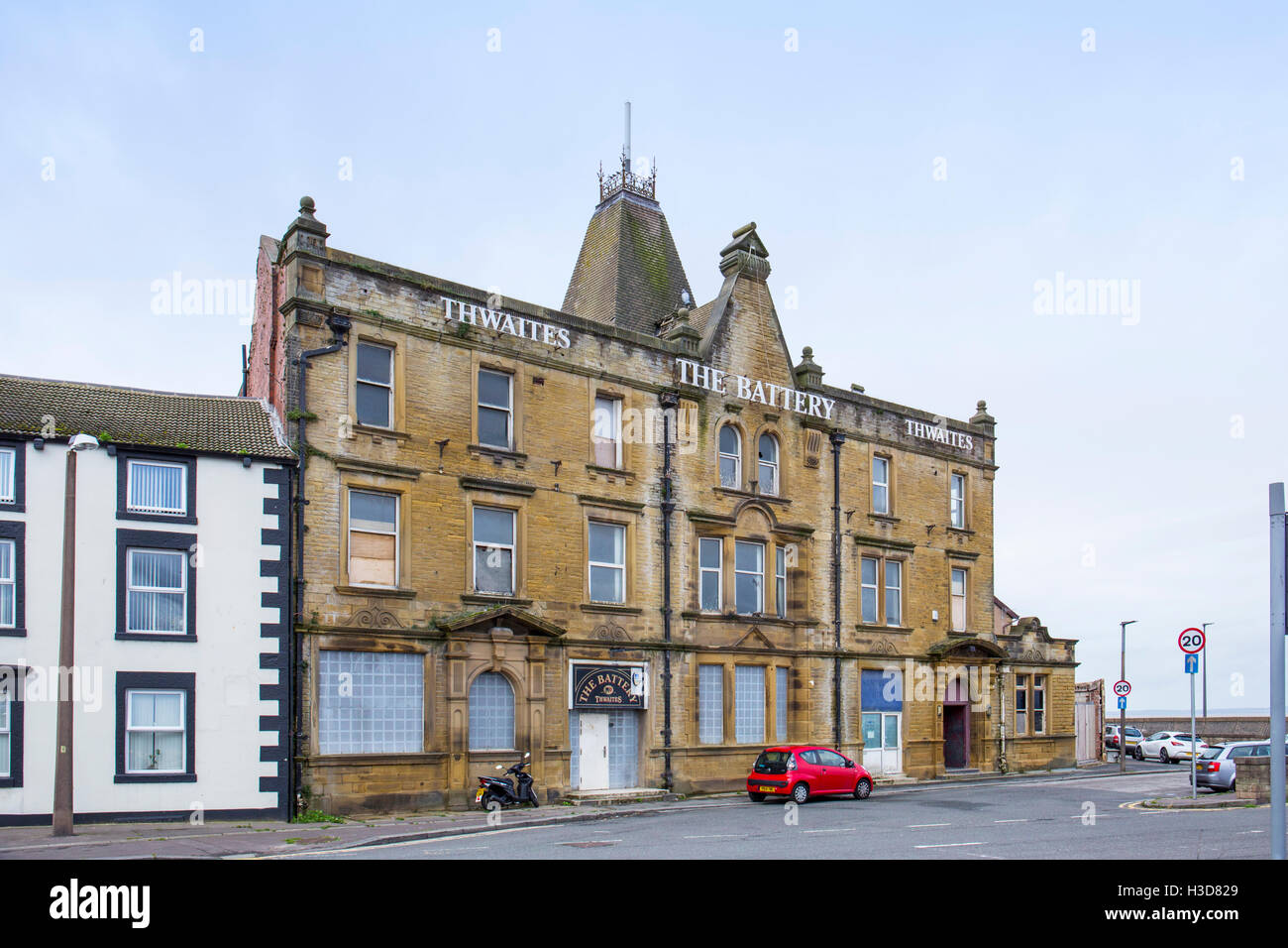 The Battery pub closed down and boarded up in Morecambe Lancashire UK