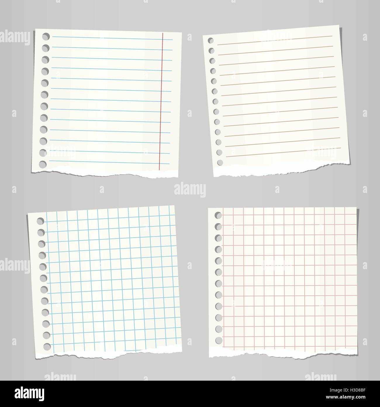 Pieces of ripped light brown note, notebook paper sheets stuck on grey background Stock Vector