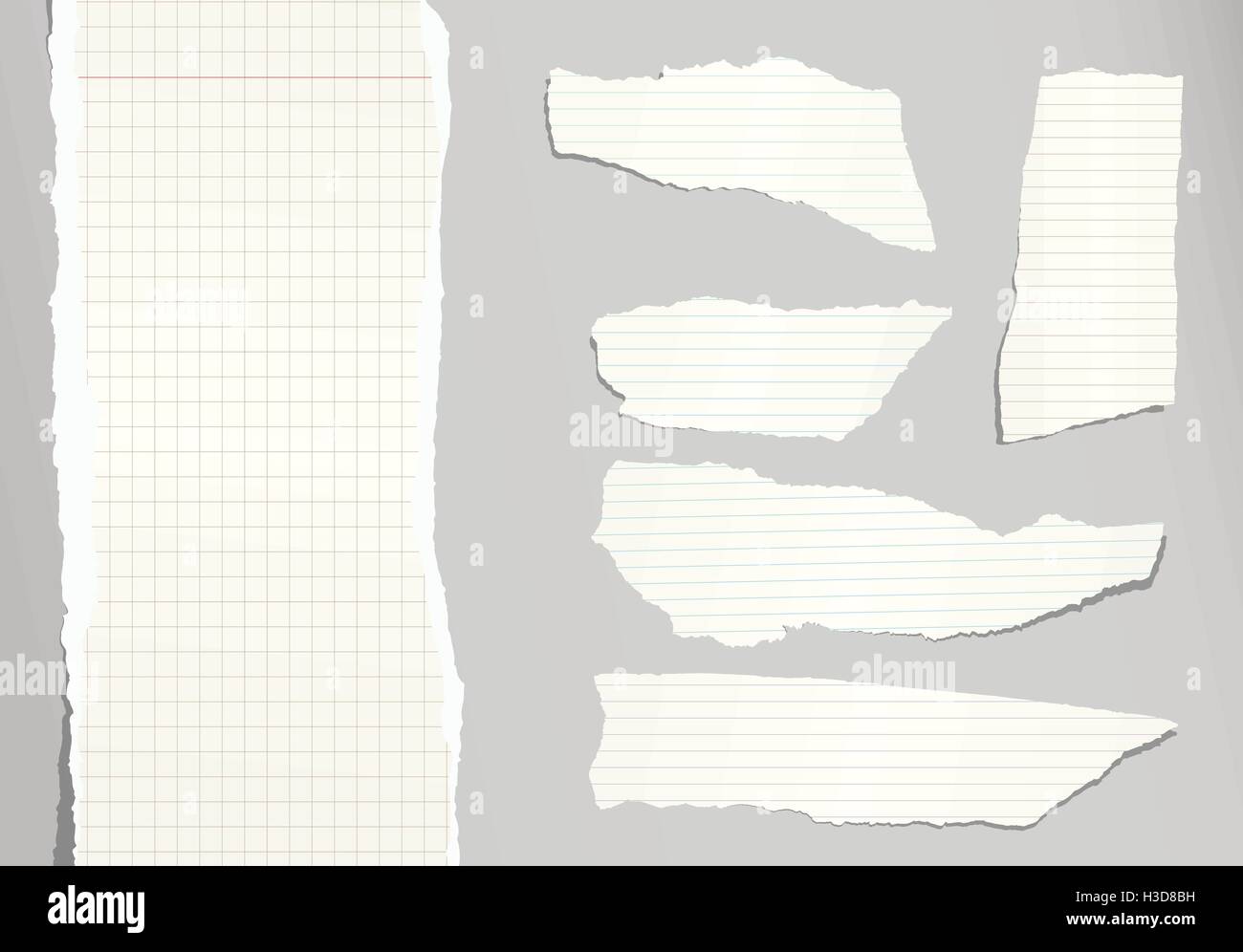 Pieces of ripped light brown note, notebook paper sheets stuck on grey background Stock Vector
