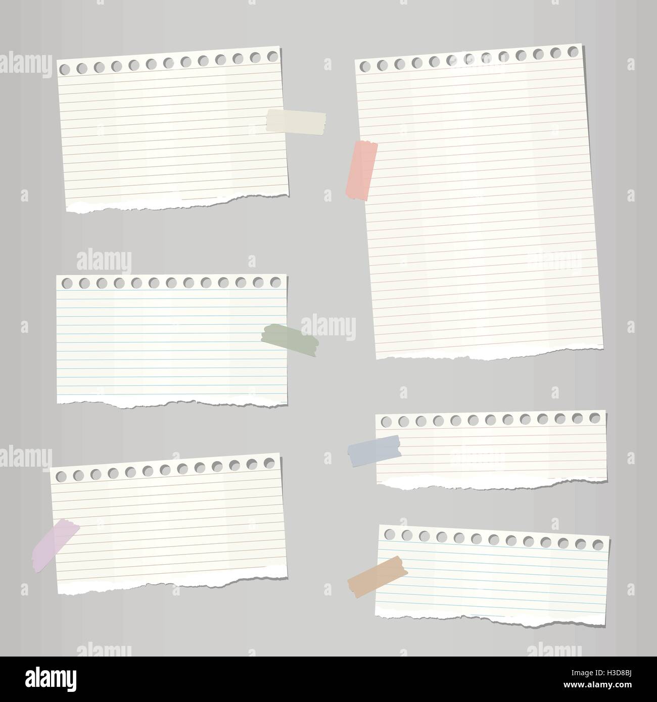 Pieces of light brown torn note, notebook paper sheets with colorful adhesive, sticky tape stuck on grey background Stock Vector
