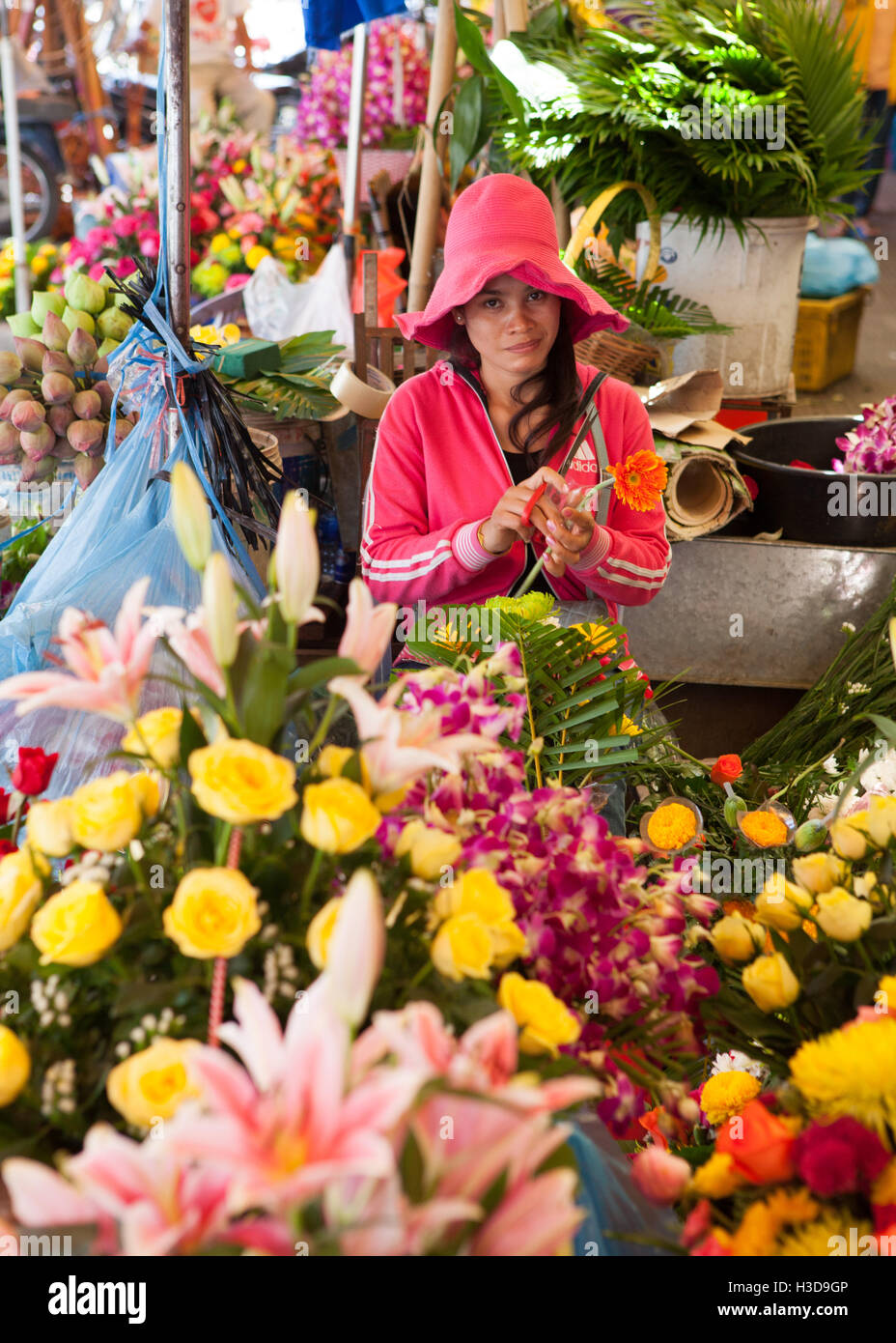Woman selling flowers in the Central Market, Phnom Penh,Cambodia