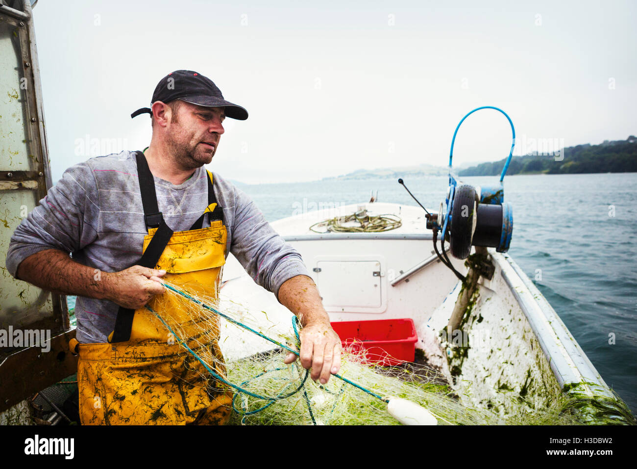 A fisherman on a boat hauling in the fishing net. Stock Photo