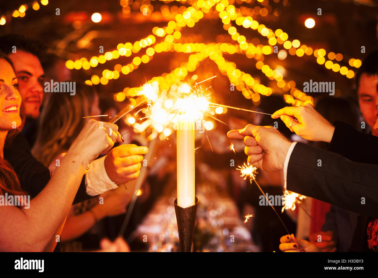 A wedding party. People seated at a long table raising their glasses in a toast. Stock Photo