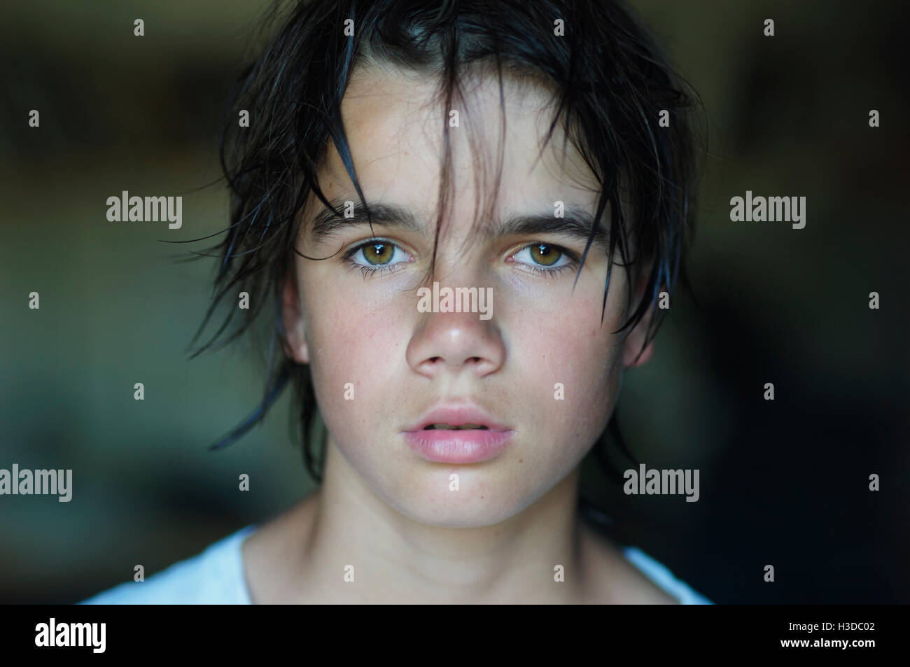 Portrait of a boy with brown hair and eyes, looking at camera. Stock Photo