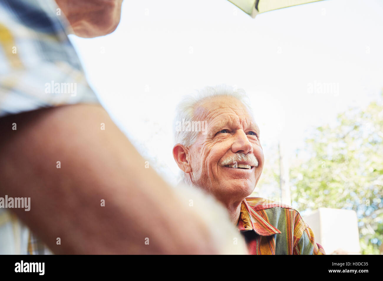 Smiling senior man with moustache sitting outdoor in company. Stock Photo