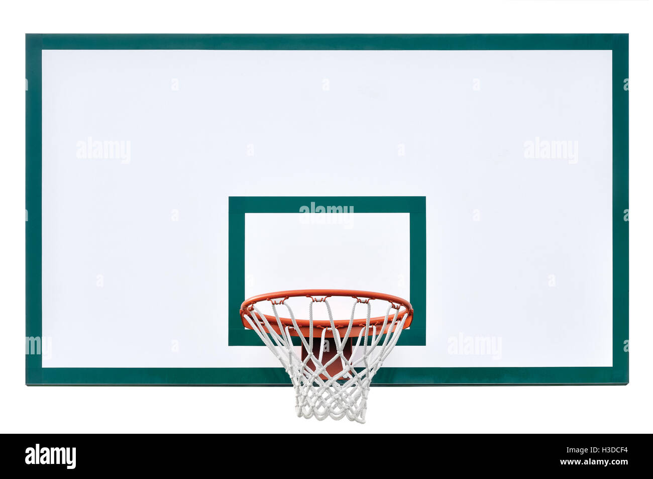 Basketball hoop cage, isolated large backboard closeup, new outdoor court set green red orange white back board blank copy space Stock Photo