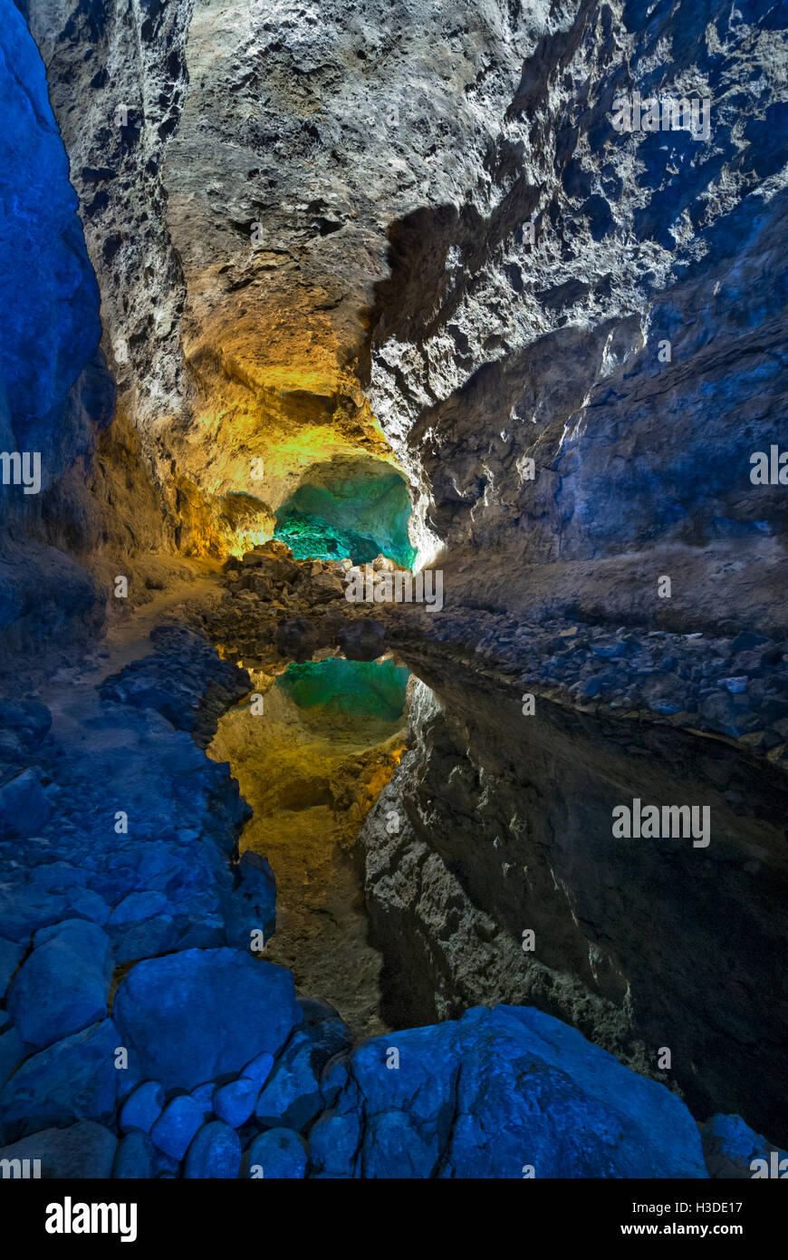 Cueva de Los Verdes, volcanic cave pool with perfect optical mirror pool reflection, Lanzarote Canary Islands Spain Stock Photo