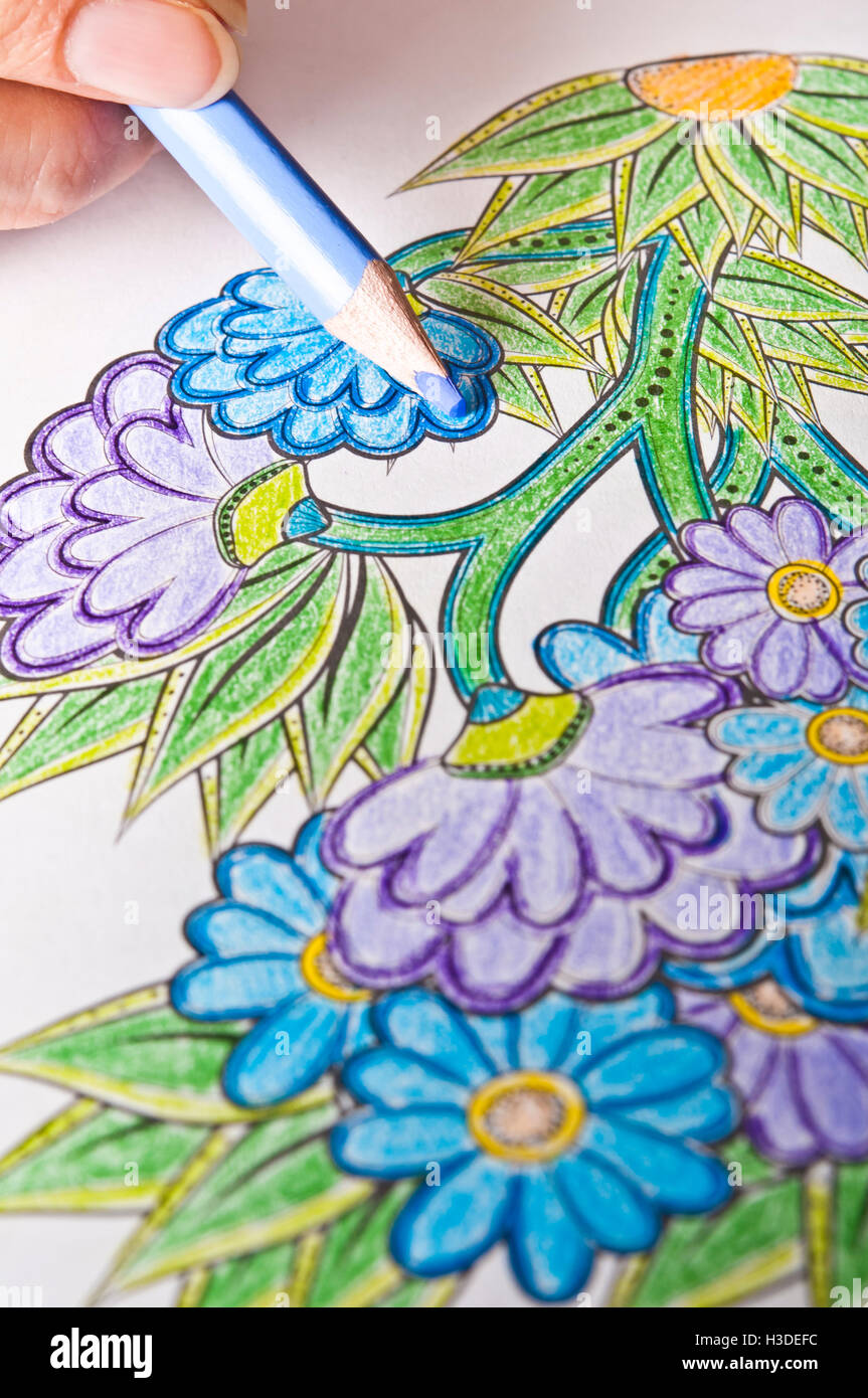 close up hand coloring an adult book Stock Photo