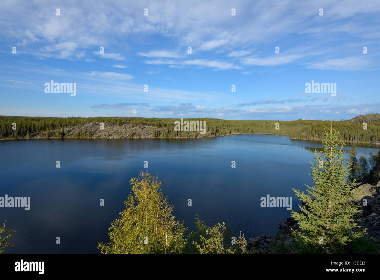 Blue Lake - Crystal blue lake surrounded by thick boreal forest. Stock Photo