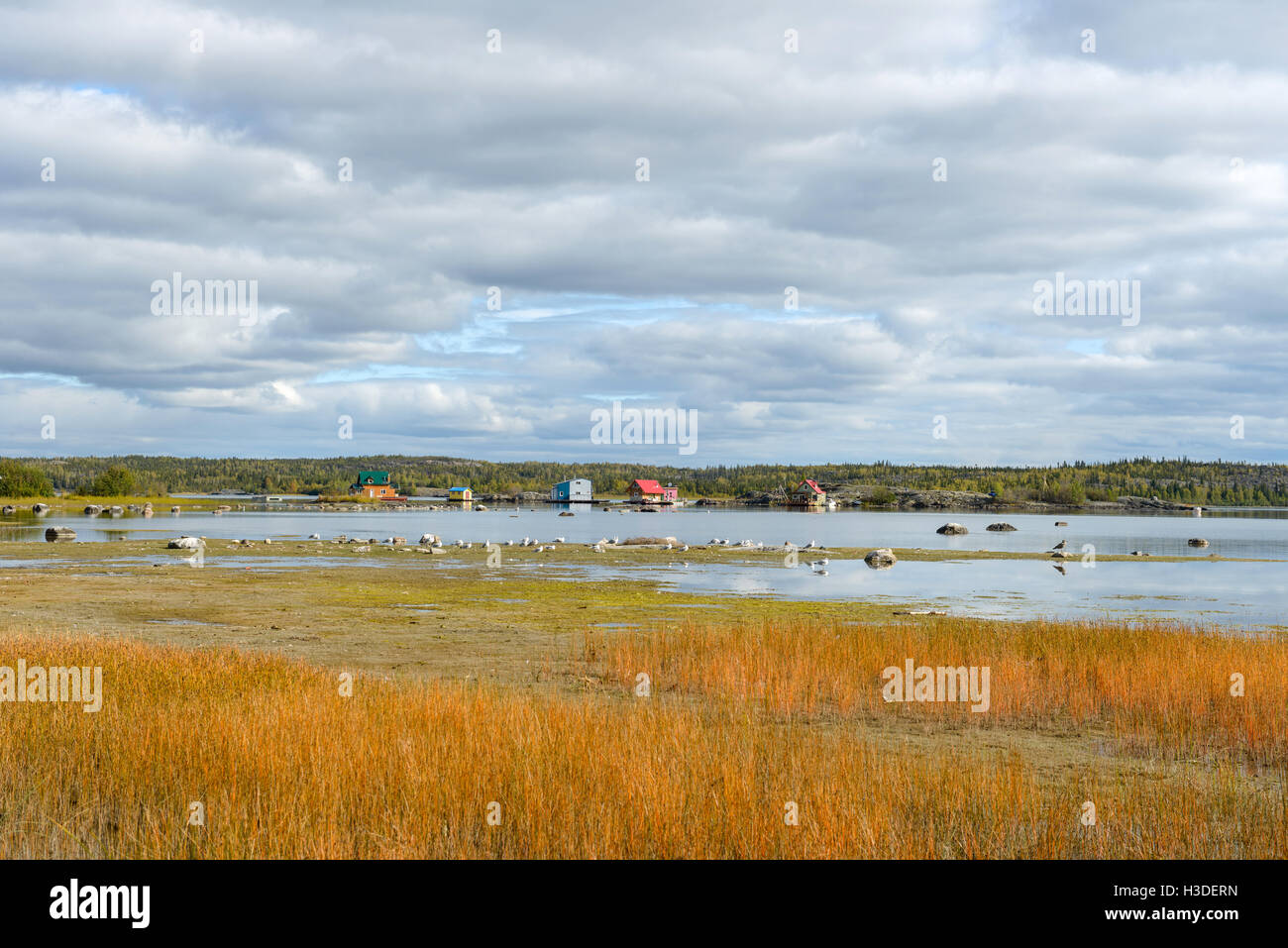 Lake Houses Colorful houseboats in Yellowknife Bay of Great Slave