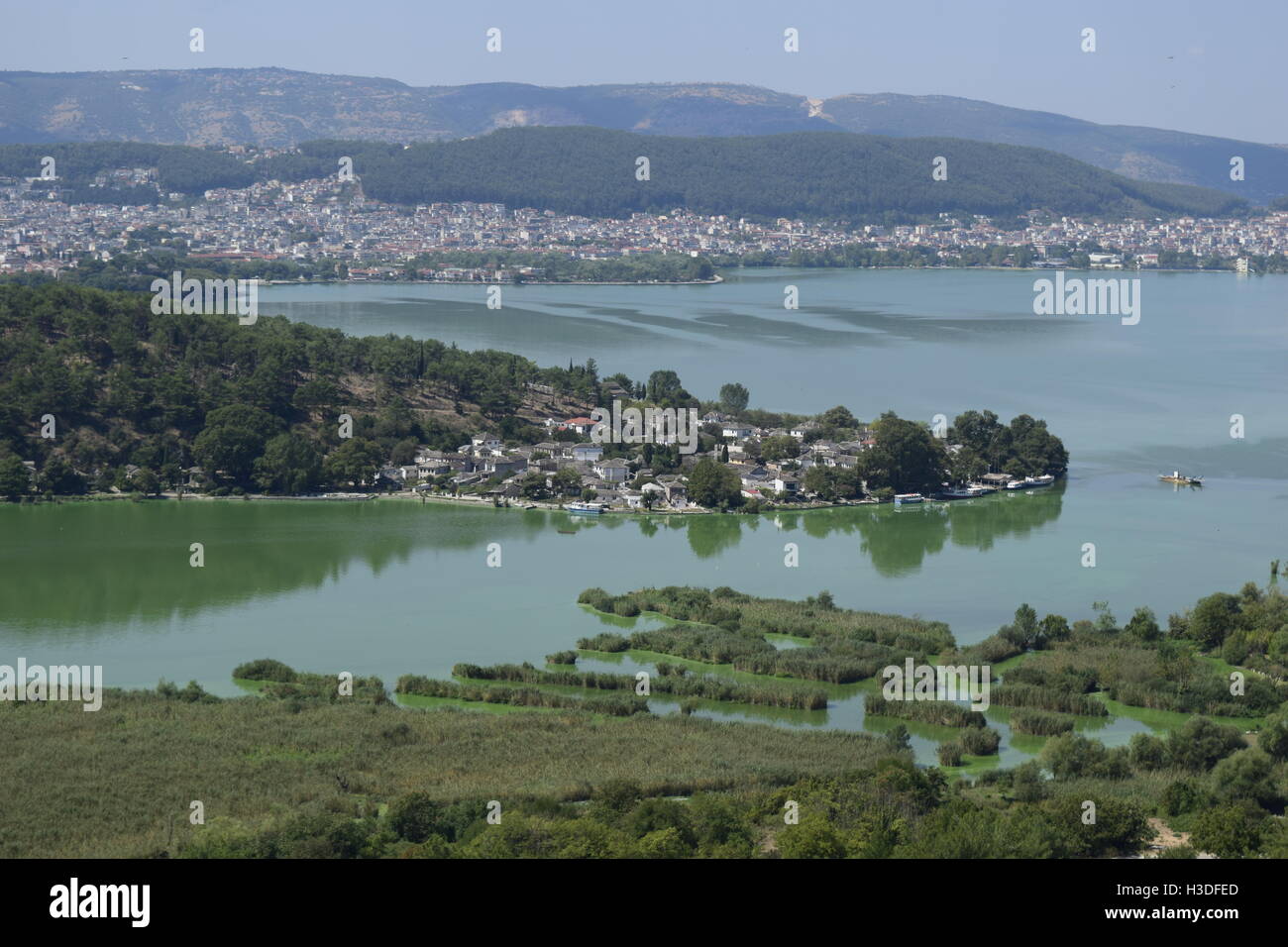 View of Lake Pamvotis  and the Ioannina city , north-western Greece Stock Photo