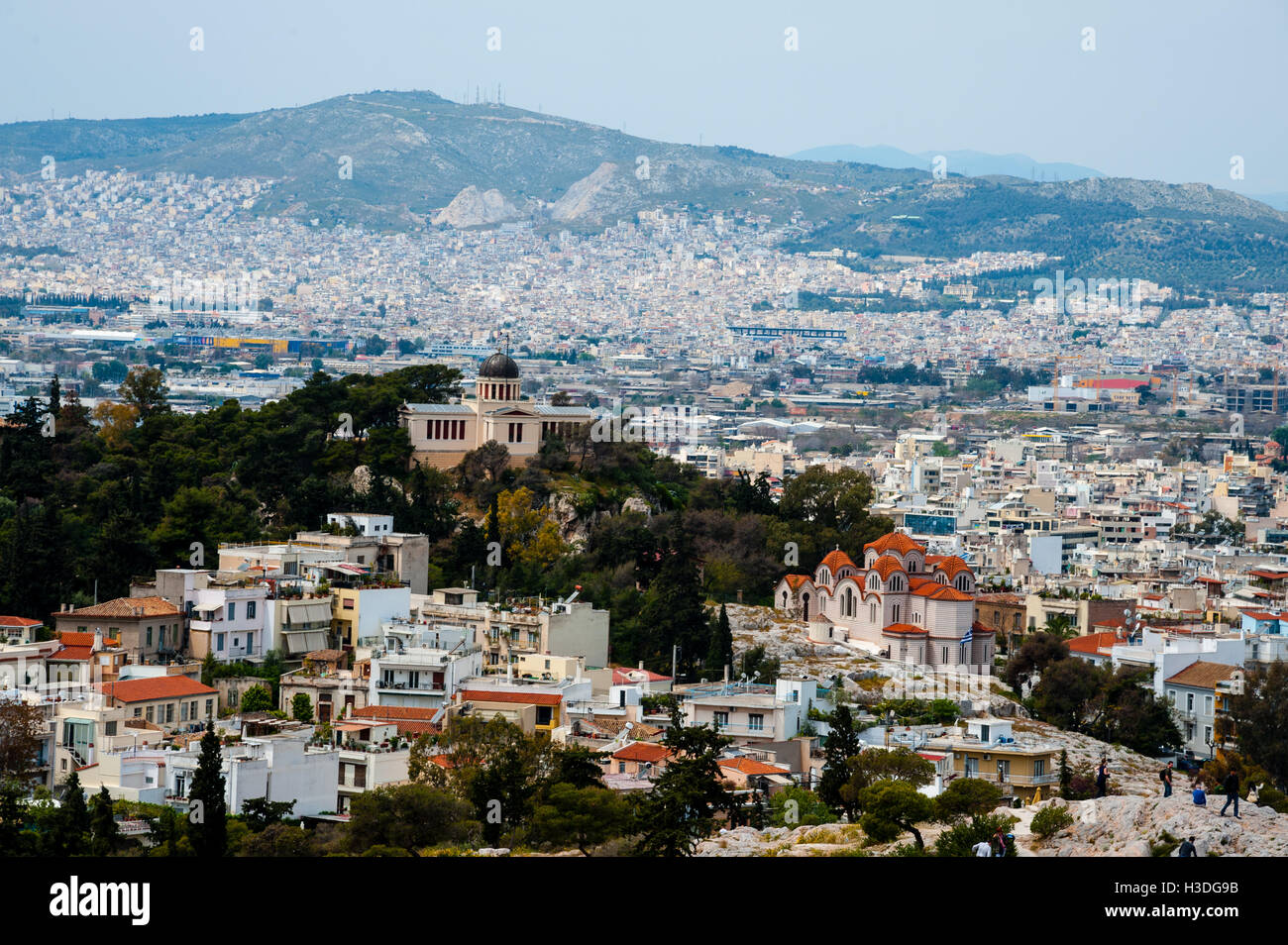 Greece, Athens. View from Acropolis. The National Observatory of Athens. Stock Photo