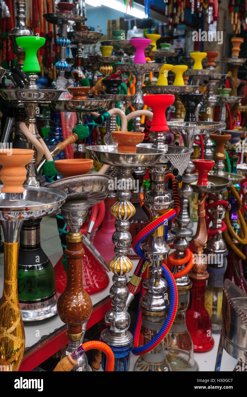 Various Nargilas (hookah) on sale in the market of the old city, in Acre, Israel Stock Photo