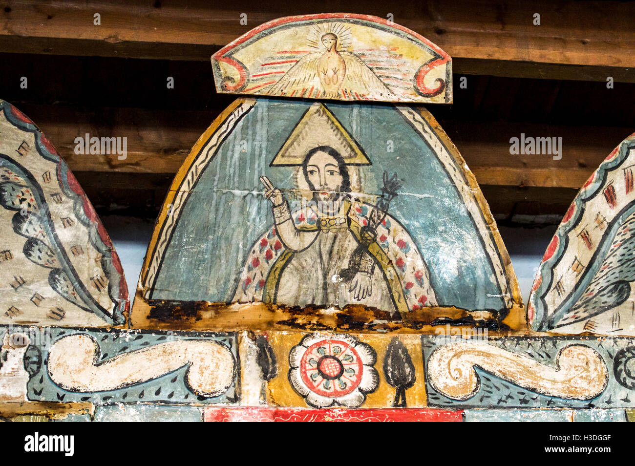 19th-century painting of the Holy Trinity at Nuestra Señora del Sagrado Rosario (1805), Truchas, New Mexico, USA. Stock Photo