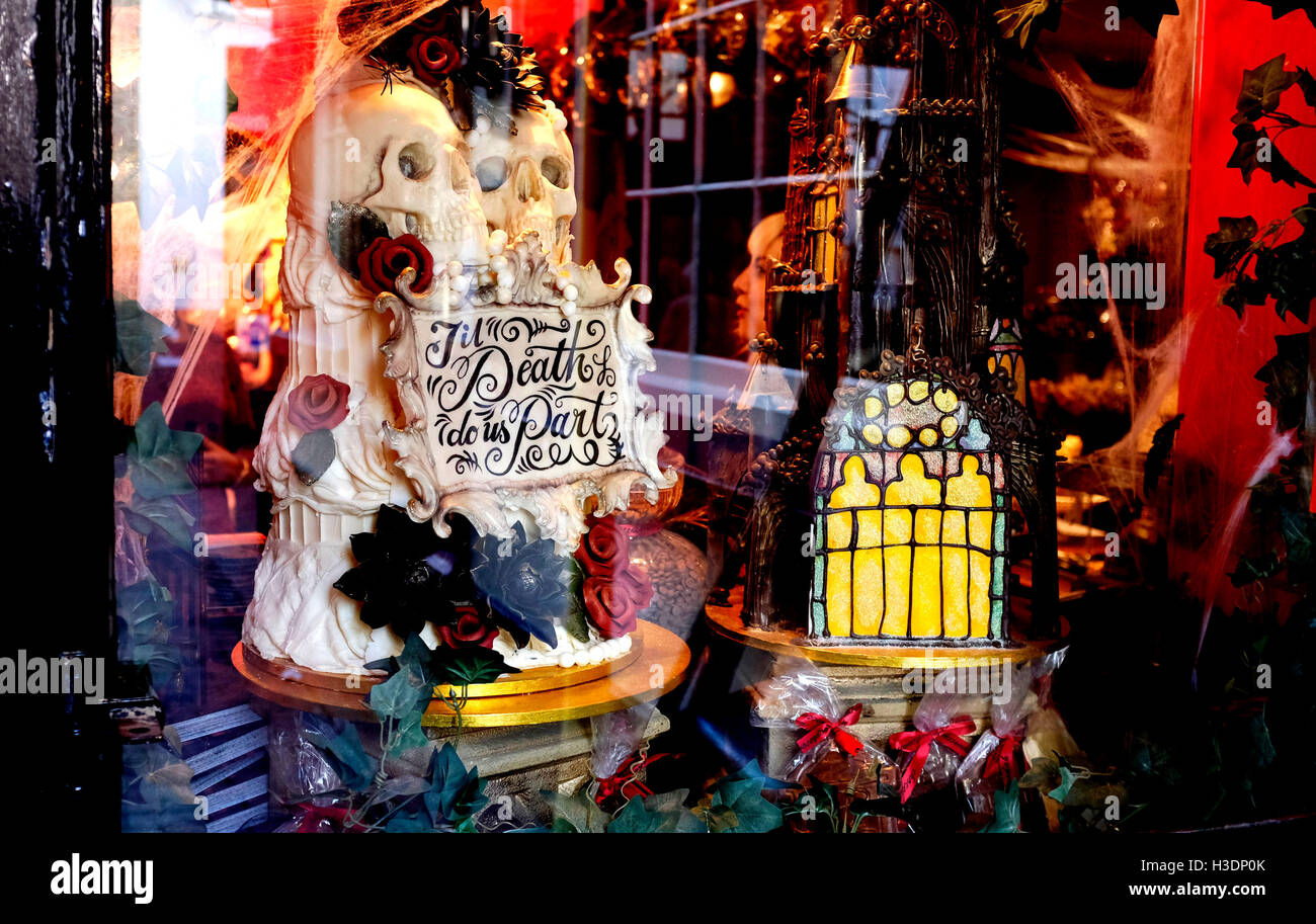 Brighton, UK. 6th October, 2016. Visitors admire the Halloween window