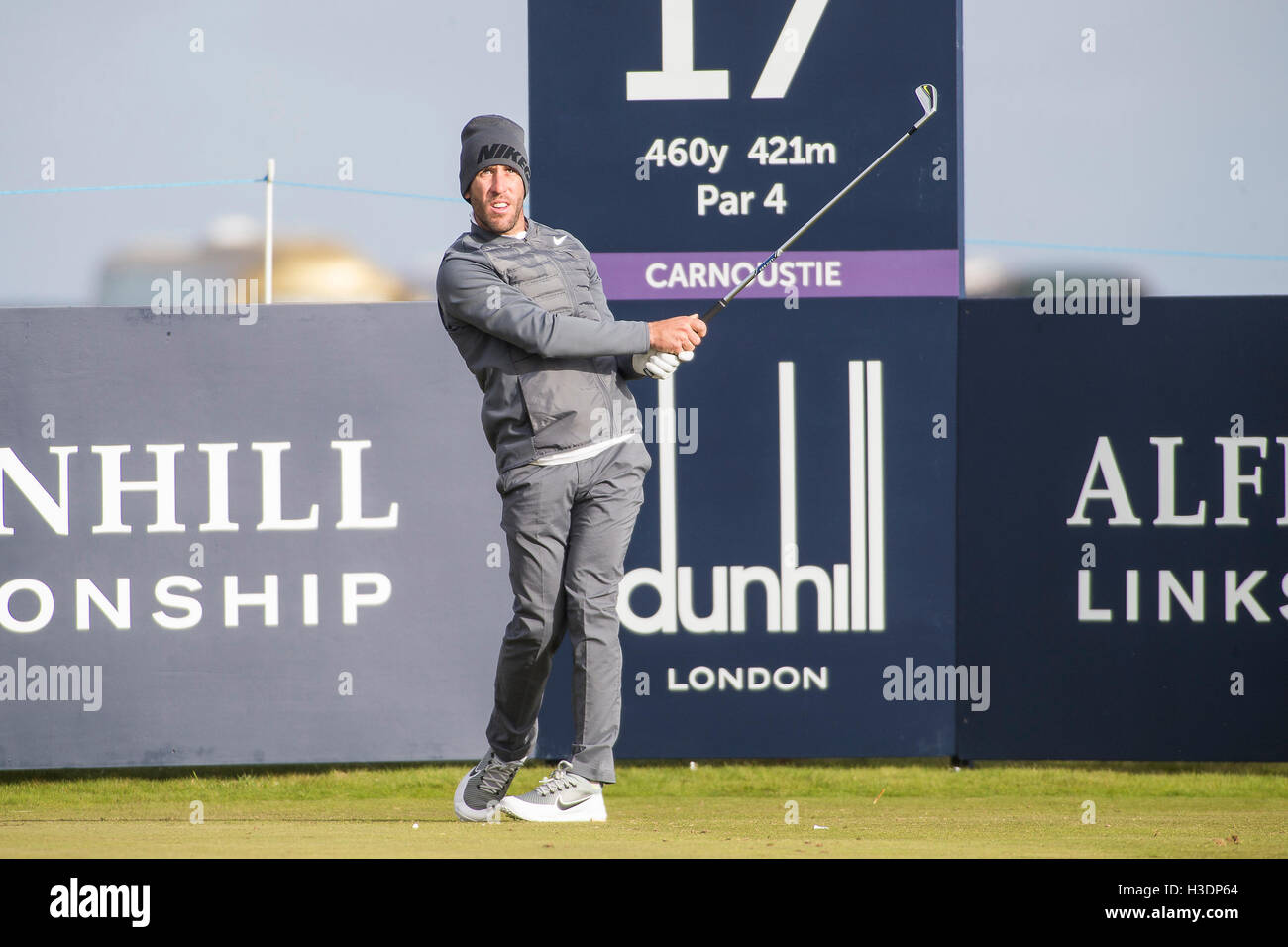 Carnoustie Golf Course, Fife, Scotland. 06th Oct, 2016. Alfred Dunhill Links Championship Golf 1st Round. Romain Watte teeing off the 17 tee at Carnoustie on the first round of the Dunhill Links Championship Golf. Credit:  Action Plus Sports/Alamy Live News Stock Photo