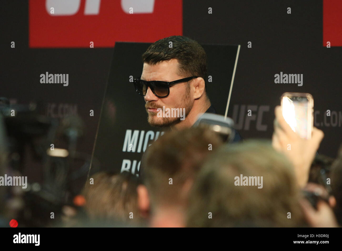 Manchester, UK. 6th October, 2016. UFC 204 - Media Day at Arena Manchester. Thursday the 6 of Oct. 2016. Michael Bisping answers media questions ahead of UFC 204.   Credit:  Dan Cooke/Alamy Live News Stock Photo