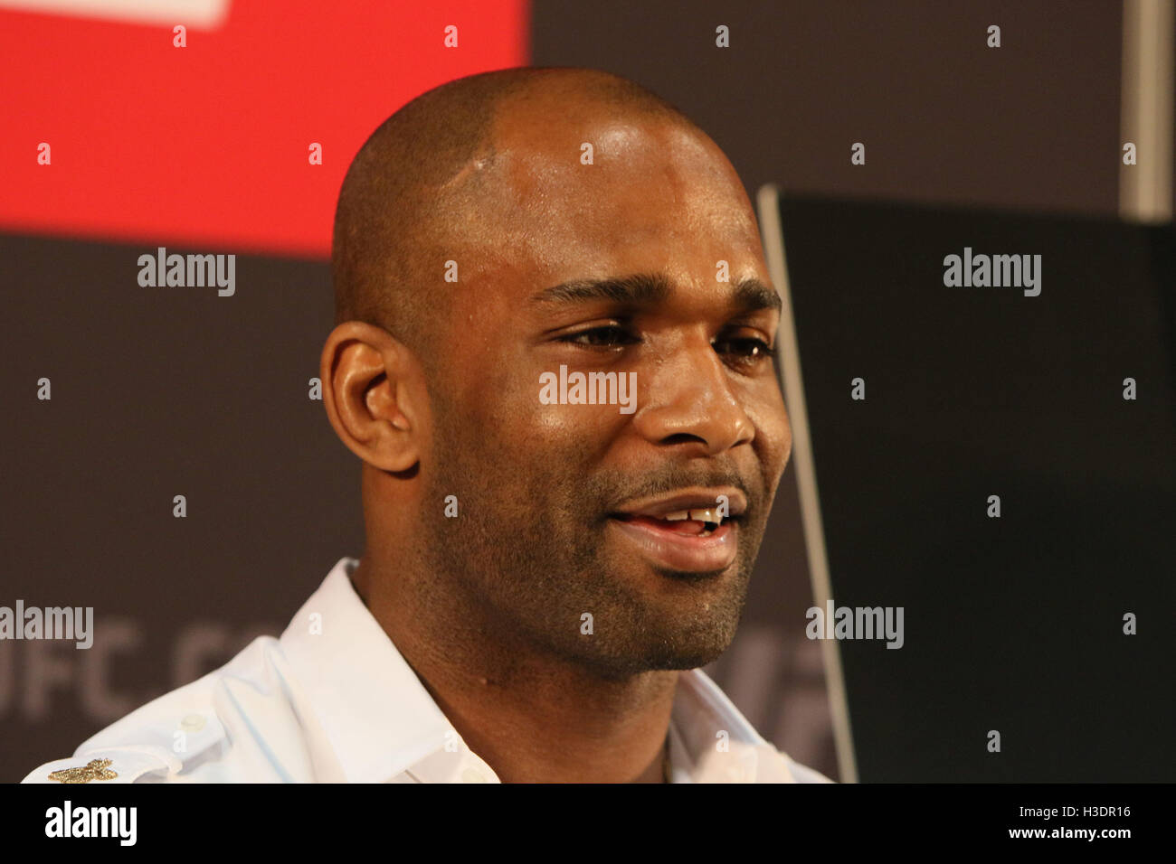 Manchester, UK. 6th October, 2016. UFC 204 - Media Day at Arena Manchester. Thursday the 6 of Oct. 2016.Jimi Manuwa answers media questions ahead of UFC 204.   Credit:  Dan Cooke/Alamy Live News Stock Photo