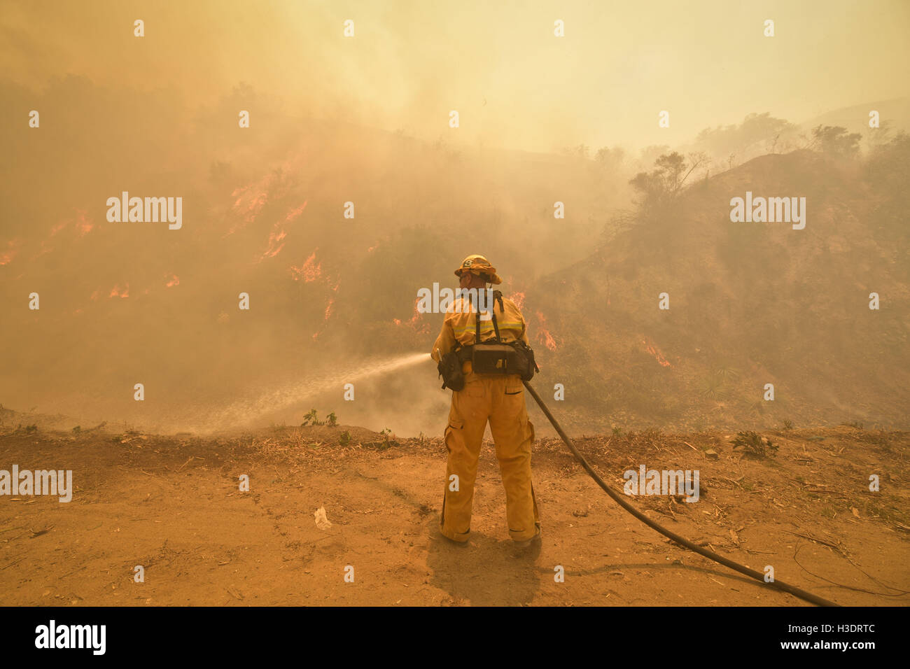 San Gabriel, CA, USA. 6th Oct, 2016. The Fish Fire burns in the Angeles National Forest on Monday, June 20th, 2016. The Fish Fire began amidst record triple digit temperatures and burned near homes north of the 210 Freeway. The Reservoir Fire started nearby, and both fires were managed as the San Gabriel Complex. In total the two fires burned 5,399 acres and over 1,000 homes were evacuated. © Stuart Palley/ZUMA Wire/Alamy Live News Stock Photo