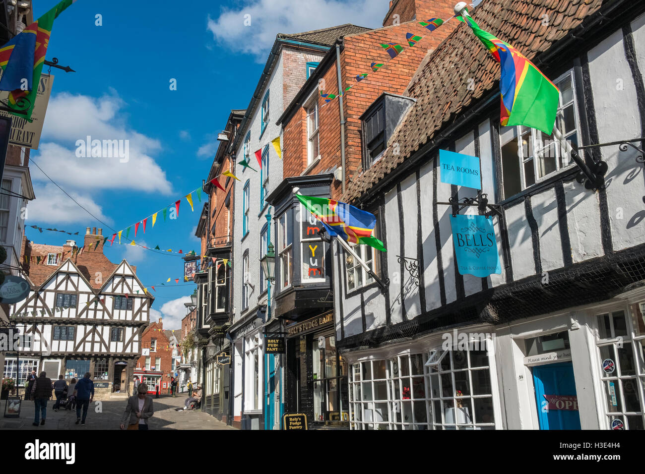 Wooden framed buildings on Steep Hill, in the historic City of Lincoln, Lincolnshire, England UK Stock Photo