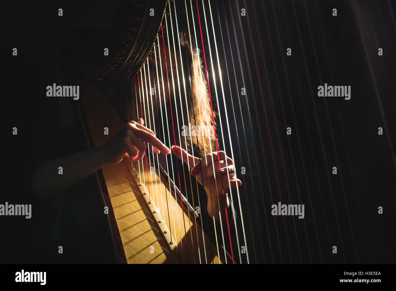 Woman playing a harp in music school Stock Photo