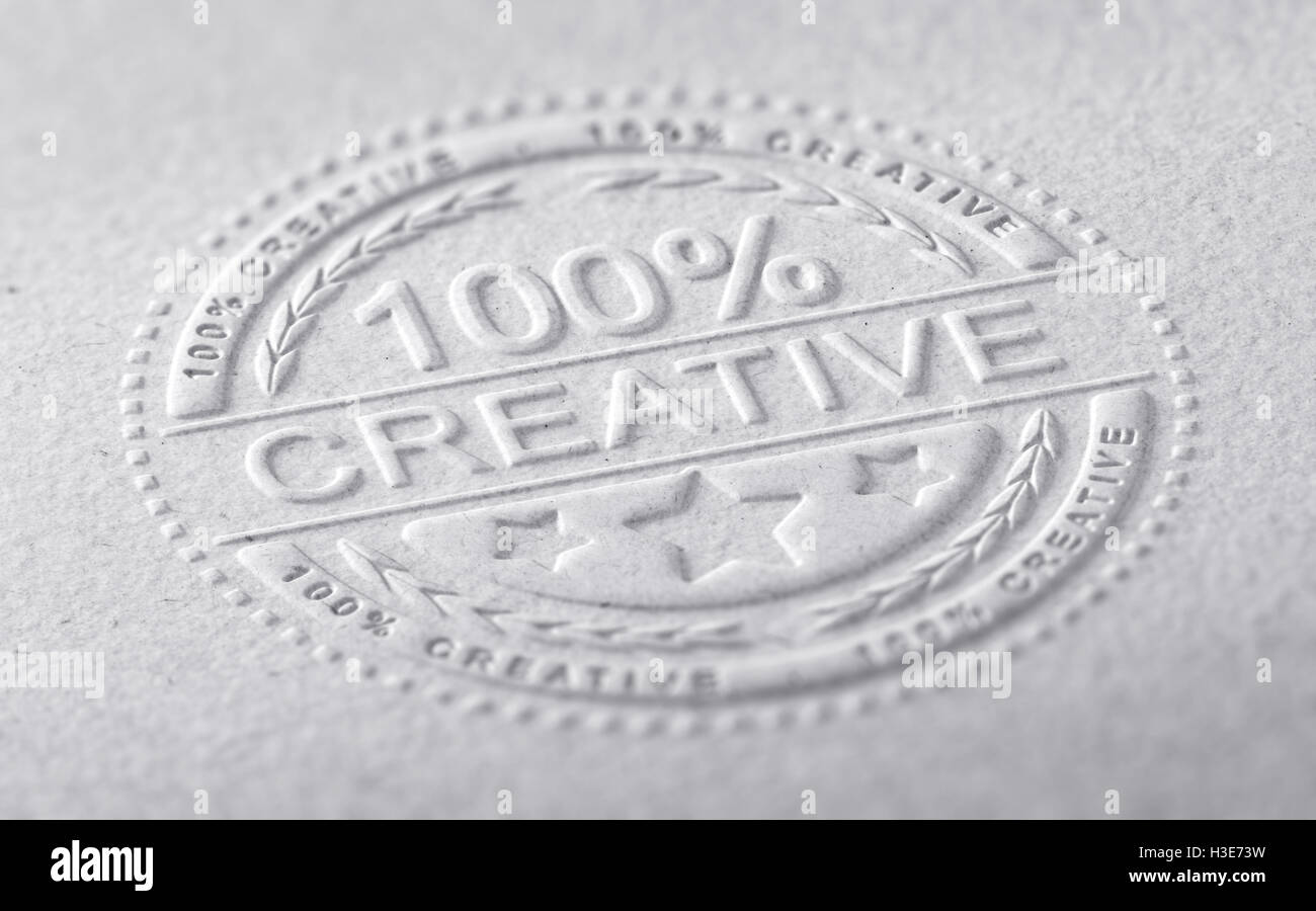 3D illustration of a stamp embossed on a paper texture with the text one hundred percent creative, horizontal image. Communicati Stock Photo