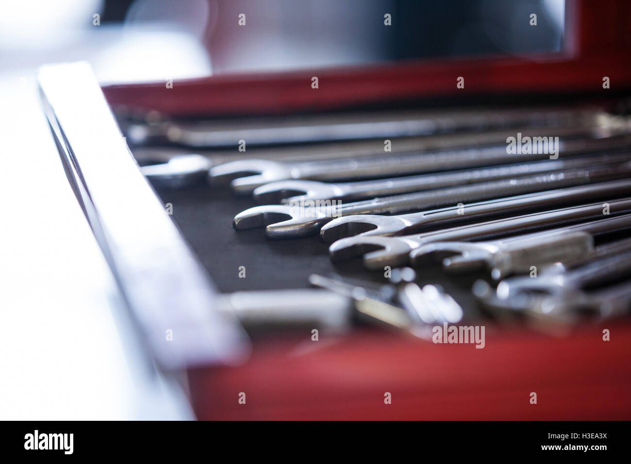 Set of work tools in toolbox Stock Photo