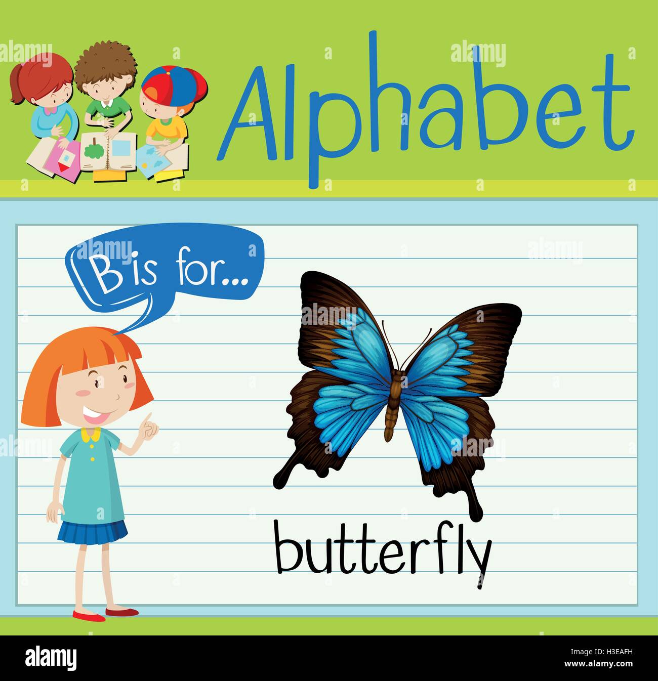 Flashcard letter B is for butterfly illustration Stock Vector