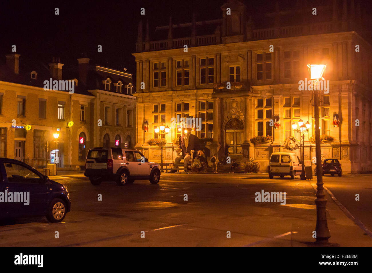 Giant effigy of the Elector of Lamartine, outside the town hall, night