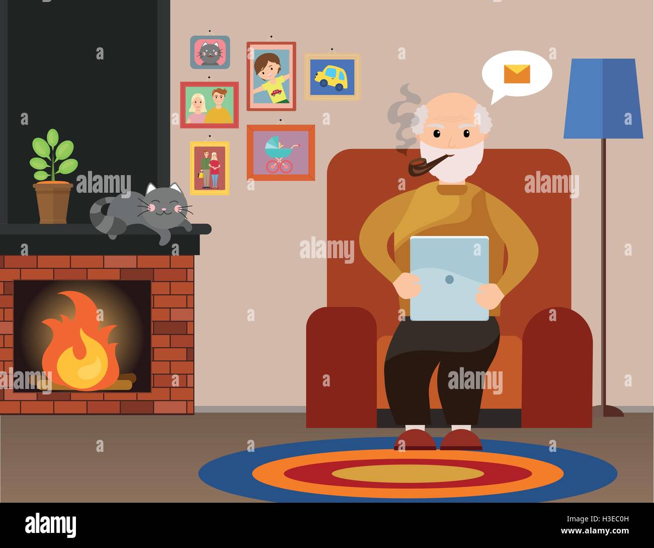 Happy senior man sitting on the sofa read book on tablet Stock Vector